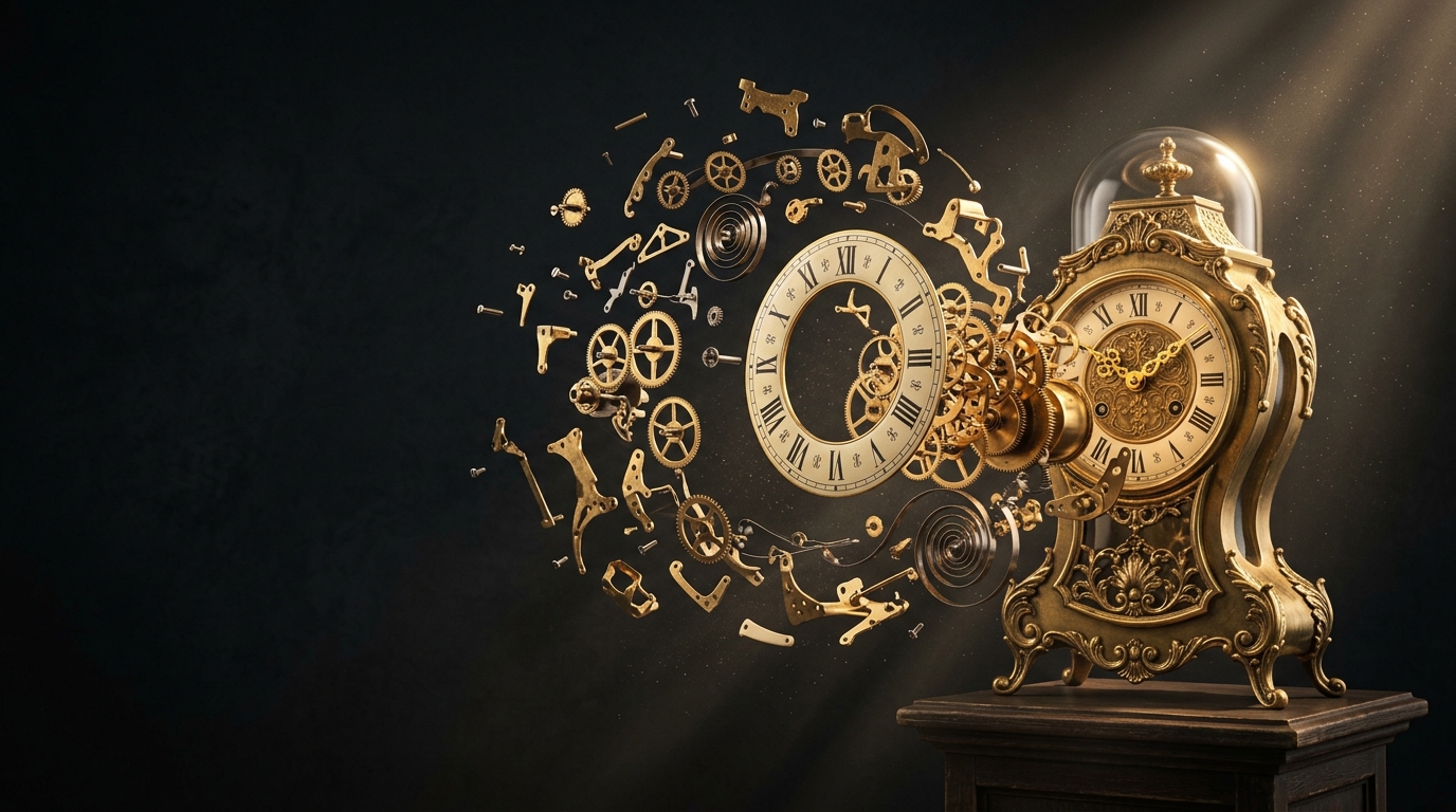 An antique clock assembling from hundreds of brass pieces